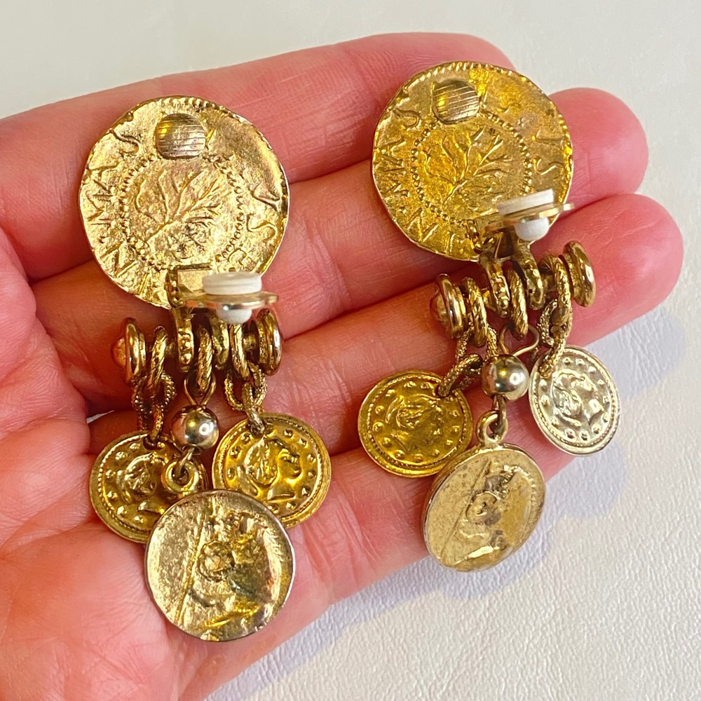 Vintage Gold Tone Coin Drop Clip On Earrings Dangle 80s Medallion Statement